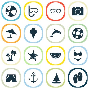 Güneş Icons Set. Gözlük, boncuk, tatlılar ve diğer öğeleri koleksiyonu. Ayrıca Yunus, maşa, sandal gibi simgeler içerir.