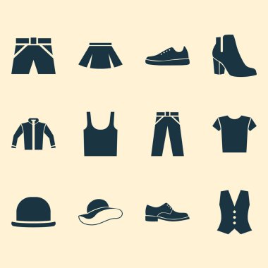 Icons Set elbise. Kadın Kış Ayakkabı, hırka, zerafet ve diğer öğeleri koleksiyonu. Ayrıca pantolon, Casual, Fedora gibi simgeler içerir.