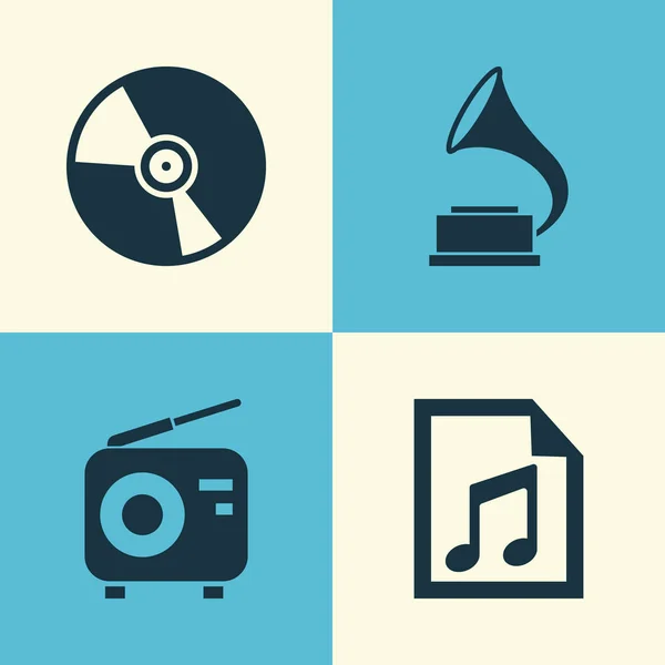 Zestaw ikon audio. Kolekcja fonograf, plik, Cd i inne elementy. Również zawiera symbole, takie jak Fm, Radio, Uwaga. — Wektor stockowy