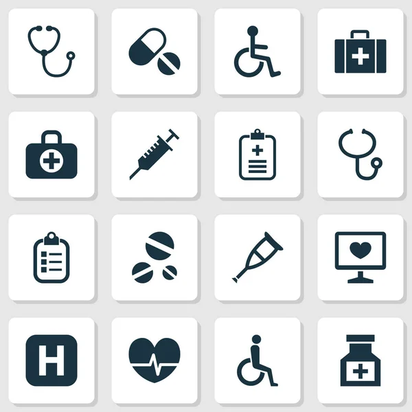 Набір піктограм ліків. Колекція грудей, інвалідів, аналізує елементи. Також включає в себе такі символи, як некоректна, діагностика, медсестра . — стоковий вектор