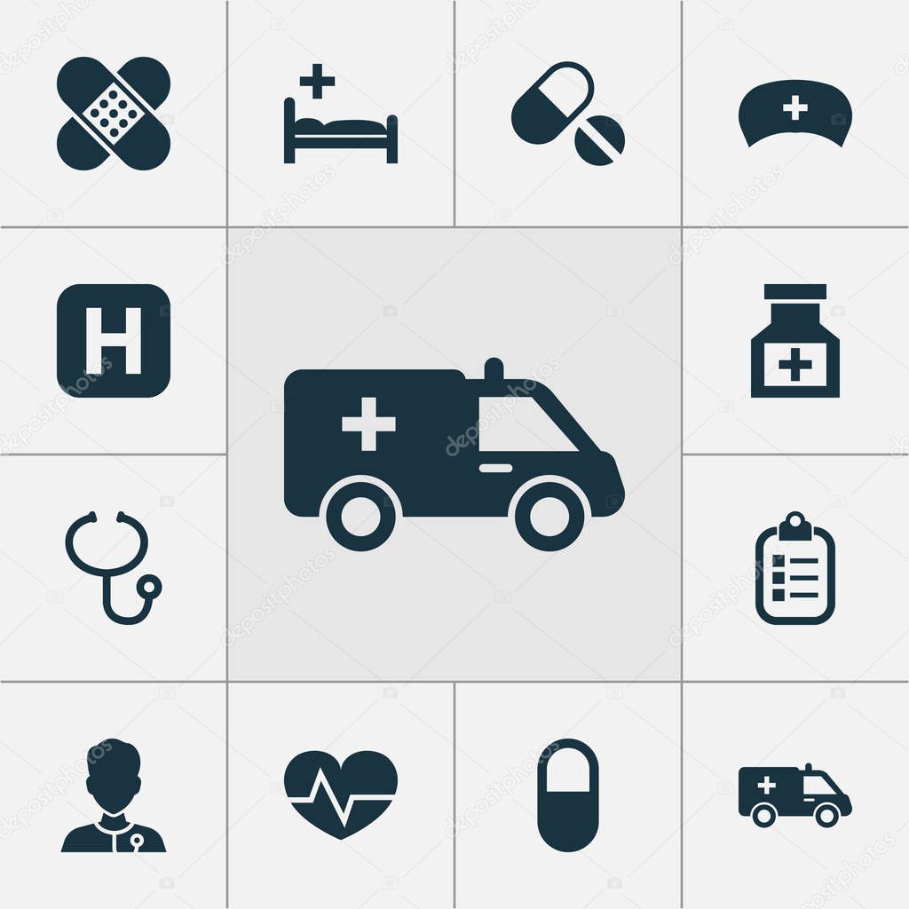 Antibiotic Icons Set. Collection Of Pills, Beating, Bandage Elements. Also Includes Symbols Such As Heartbeat, Hat, Cap.