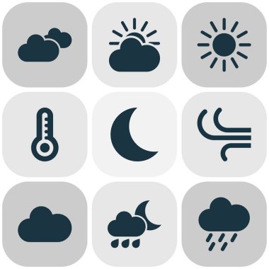 Meteoroloji Icons Set. Pislik, Moon, bulutlu ve diğer öğeleri koleksiyonu. Ayrıca sembolleri böyle içerir olarak yağışlı, nefret, Sun.