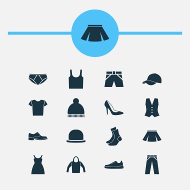 Giysi simgeler kümesi. Beanie, fötr, zerafet ve diğer öğeleri koleksiyonu. Ayrıca yelek, Sarafan, gömlek gibi simgeler içerir.