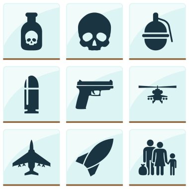 Ordu Icons Set. Kafatası, kaçak, tehlike ve diğer öğeleri koleksiyonu. Ayrıca, savaş, silah, bomba gibi simgeler içerir.