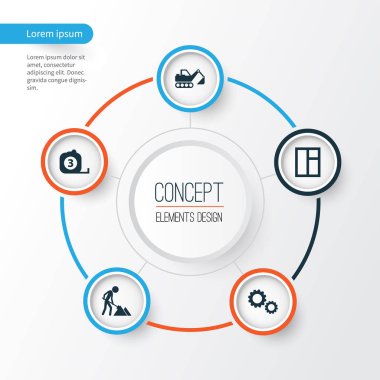 Simgeler binada. Ölçü aracı, kazıcı, dişli ve diğer öğeleri koleksiyonu. Ayrıca bakım, kural, teyp gibi simgeler içerir.