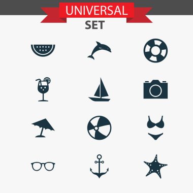 Güneş Icons Set. Video, kavun, boncuk ve diğer öğeleri koleksiyonu. Ayrıca deniz yıldızı, Beach, tekne gibi simgeler içerir.