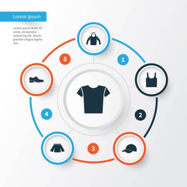 Giysi simgeler kümesi. Sweatshirt, Singlet, şık giyim ve diğer öğeleri koleksiyonu. Ayrıca elbise, gömlek, etek gibi simgeler içerir.