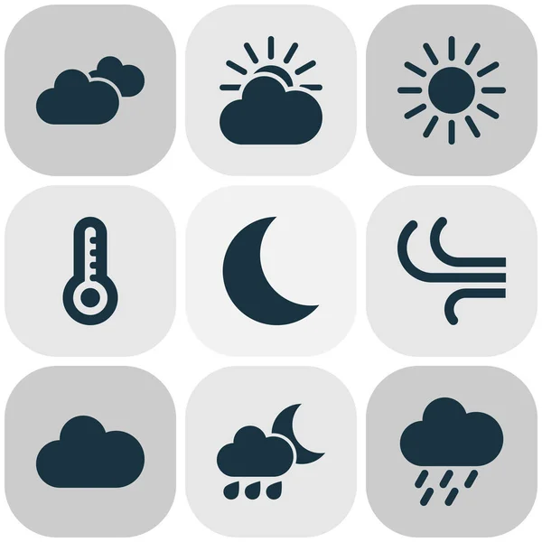 Meteorologie Icons Set. Collectie van Douche, maan, licht bewolkt en andere elementen. Ook symbolen dergelijke als regenachtige, haat, zon. — Stockvector