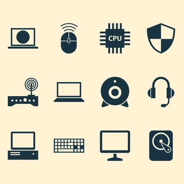 Zestaw ikon na komputerze. Kolekcja słuchawki, myszki komputerowej, pulpitu i innych elementów. Również zawiera symbole, takie jak klawiatura, Web, ochrony. — Wektor stockowy