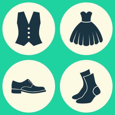 Giysi simgeler kümesi. Külotlu, yelek, Sarafan ve diğer öğeleri koleksiyonu. Ayrıca ayakkabı, Giysi, külotlu gibi simgeler içerir.