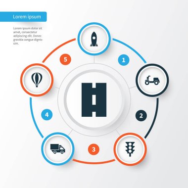 Taşıma simgeler kümesi. Skooter, Zeplin, Van ve diğer öğeleri koleksiyonu. Ayrıca Camion, uzay gemisi, Scooter gibi simgeler içerir.