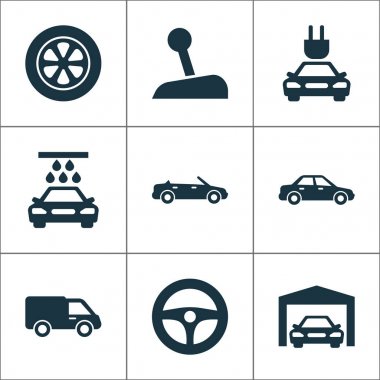 Otomatik Icons Set. Temizlik, onarım, kamyon ve diğer öğeleri taşıma topluluğu. Tak, otomatik, onarım gibi semboller de içerir.