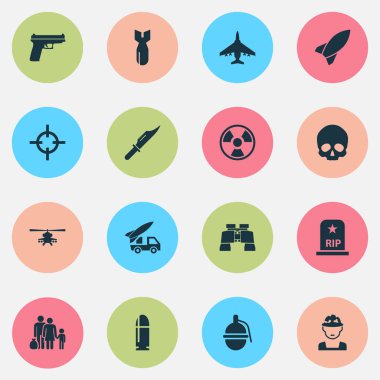 Ordu Icons Set. Uçak, füze, mühimmat ve diğer öğeleri koleksiyonu. Ayrıca asker, Rip, insanlar gibi simgeler içerir.