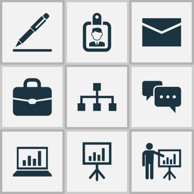 Ticaret simgeler kümesi. Sunu kurulu, sohbet, bavul ve diğer öğeleri koleksiyonu. Ayrıca, grafik, el çantası, hiyerarşi gibi simgeler içerir.