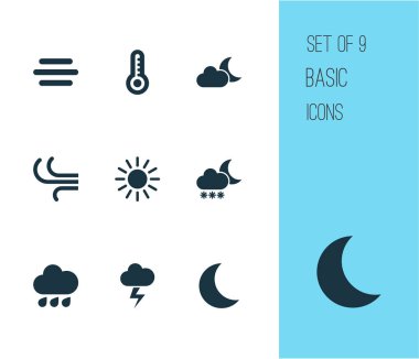 Doğa Icons Set. Yağmurlu topluluğu, ay, gece ve diğer öğeler. Ayrıca damla, termometre, ay ışığı gibi simgeler içerir.