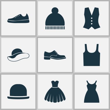 Giysi simgeler kümesi. Elbise, zerafet, Sarafan ve diğer öğeleri koleksiyonu. Ayrıca yelek, Fedora, Ayakkabı gibi simgeler içerir.