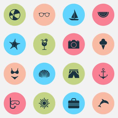 Güneş Icons Set. Armatür, Vitamin, Bagaj ve diğer öğeleri koleksiyonu. Top, boncuk, gözlük gibi semboller de içerir.