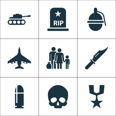 Ordu Icons Set. Sipariş, kaçak, uçak ve diğer öğeleri koleksiyonu. Ayrıca bıçak, mezar, uçak gibi simgeler içerir.