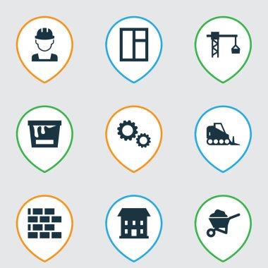 Mimari Icons Set. Dişli, cam çerçeve, kaldırma kanca ve diğer öğeleri koleksiyonu. Ayrıca Can, traktör, tuğla gibi simgeler içerir.