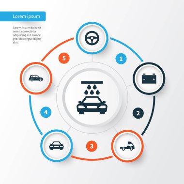 Araba Icons Set. Sürücü kumanda, Van, taşıma temizlik ve diğer öğeleri koleksiyonu. Ayrıca Van, kontrolü, pil gibi simgeler içerir.