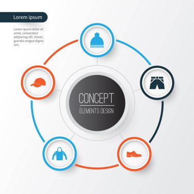 Icons Set elbise. Beanie, mayo kumaş, topluluğu zarafeti ve diğer unsurlar. Ayrıca Hoodie, şapka, fötr şapka gibi simgeler içerir.