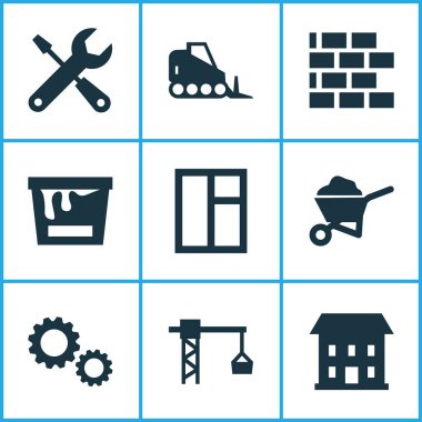 İnşaat Icons Set. Traktör, karikatür, boya kovası ve diğer öğeleri koleksiyonu. Ayrıca el arabası, dişli, cam gibi simgeler içerir.