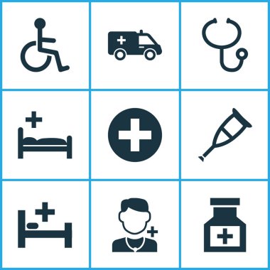 Tıp Icons Set. Devre dışı, artı, ilk yardım ve diğer öğeleri koleksiyonu. Ayrıca Spike, çadır, uyuşturucu gibi simgeler içerir.