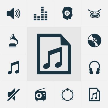 Multimedya simgeler kümesi. Tuner, ses, müzik ve diğer öğeleri koleksiyonu. Ayrıca perküsyon, Mikser, ekolayzer gibi simgeler içerir.