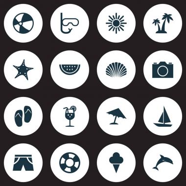 Güneş Icons Set. Kavun, memeli, Star ve diğer öğeleri koleksiyonu. Ayrıca şemsiye, iç çamaşırı, plaj gibi simgeler içerir.