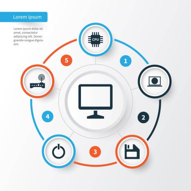 Bilgisayar simgeleri ayarlayın. Güç açma, anakart, yönlendirici ve diğer öğeleri koleksiyonu. Ayrıca Web, anakart, işlemci gibi simgeler içerir.