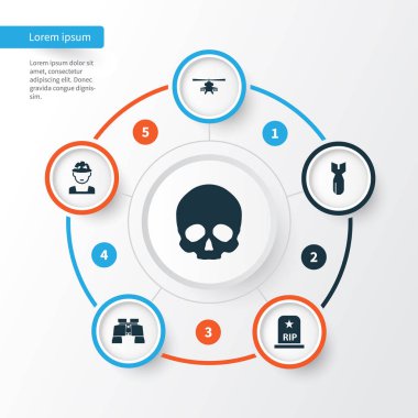 Ordu Icons Set. Roket, kafatası, RIP ve diğer öğeleri koleksiyonu. Ayrıca asker, Rip, Oficer gibi simgeler içerir.