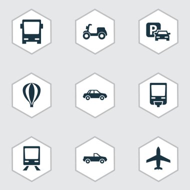 Taşıma simgeler kümesi. Otomobil, Zeplin, demiryolu ve diğer öğeleri koleksiyonu. Ayrıca tren, otobüs, tren gibi simgeler içerir.