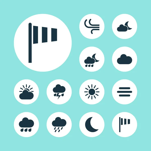 Icone meteorologiche impostate. Raccolta di Notte, Sole, Sole-Nube e altri elementi. Include anche simboli come nuvola, nebbia, sole . — Vettoriale Stock