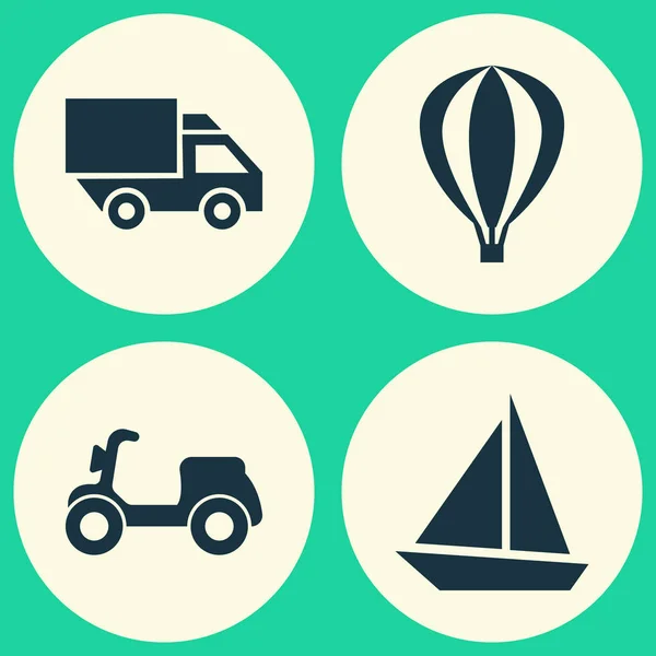 交通图标设置。出一些雪球、 范、 游艇和其他元素的集合。此外包括空气、 滑板车、 卡车等符号. — 图库矢量图片