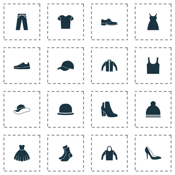 Clothes Icons Set. Collection Of Female Winter Shoes, Panama, Sweatshirt And Other Elements. Also Includes Symbols Such As Male, Pompom, Gumshoes.