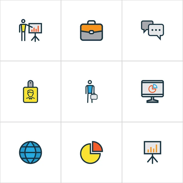 Conjunto de iconos de esquema colorido de negocios. Colección de trabajador, Conversación, Estadísticas del círculo y otros elementos. También incluye símbolos como diagrama, hombre de negocios, bolsa . — Vector de stock