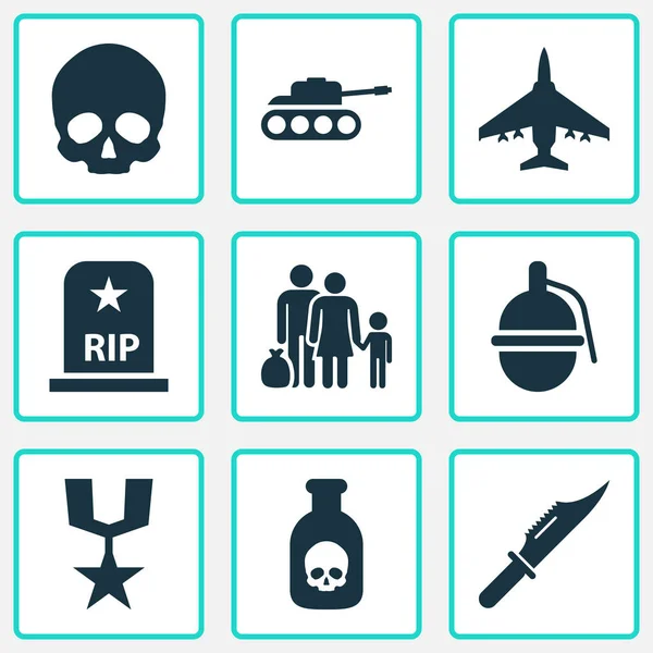 Conjunto de ícones de combate. Coleção de aeronaves, bomba, crânio e outros elementos. Também inclui símbolos como nuclear, túmulo, granada . —  Vetores de Stock