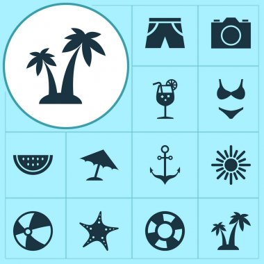 Güneş Icons Set. Bikini, boncuk, ağaçlar ve diğer öğeleri koleksiyonu. Ayrıca kamera, balık, fotoğraf gibi simgeler içerir.