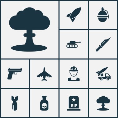Savaş Icons Set. Silah, mühimmat, uçak ve diğer öğeleri koleksiyonu. Ayrıca, mezar, Tank, zehir gibi simgeler içerir.
