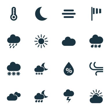 Meteoroloji Icons Set. Bayrak, Moon, nem ve diğer öğeleri koleksiyonu. Ayrıca sis, Douche, duş gibi simgeler içerir.