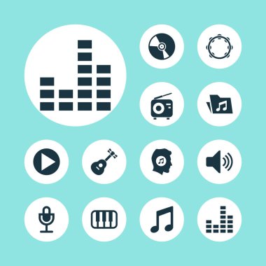 Multimedya simgeler kümesi. Meloman, dosyası, alet ve diğer öğeleri koleksiyonu. Ayrıca klasörünü, Başlat, perküsyon gibi simgeler içerir.