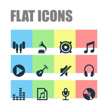 Müzik simgeler kümesi. Ekolayzır, kulaklık, fonograf ve diğer öğeleri koleksiyonu. Çalma listesi, müzikal, dosya gibi semboller de içerir.