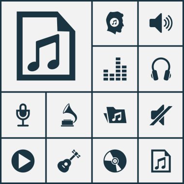 Multimedya simgeler kümesi. Kulaklık, ekolayzer, Cd ve diğer öğeleri koleksiyonu. Ayrıca Not, kulaklık, düğme gibi simgeler içerir.