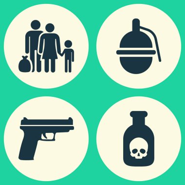 Savaş Icons Set. Tehlike, bomba, kaçak ve diğer öğeleri koleksiyonu. Ayrıca bomba, mülteci, ölümcül gibi simgeler içerir.