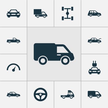 Araba Icons Set. Kamyon, tak, otomatik ve diğer öğeleri koleksiyonu. Ayrıca elektrik, Dingil mesafesi, kasa gibi simgeler içerir.