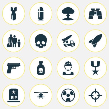 Savaş Icons Set. Tehlikeli topluluğu, kafatası, helikopter ve diğer öğeleri. Ayrıca cam, sülük, silah gibi simgeler içerir.