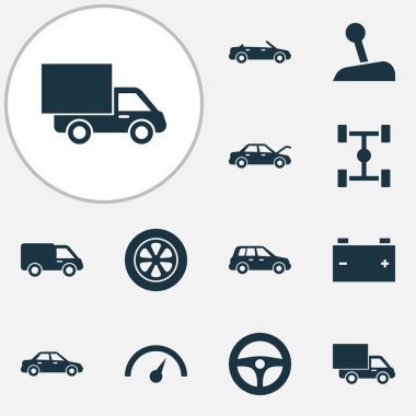 Otomatik Icons Set. Sürücü kumanda, otomotiv, sopa ve diğer öğeleri koleksiyonu. Ayrıca şasi, akümülatör, Dingil mesafesi gibi simgeler içerir.