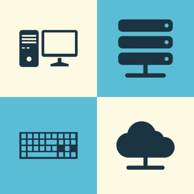 Bilgisayar simgeleri ayarlayın. Kişisel bilgisayar, tuş takımı, ağaç ve diğer öğeleri koleksiyonu. Ayrıca sembolleri gibi içerir Online, Cloud, veritabanı.