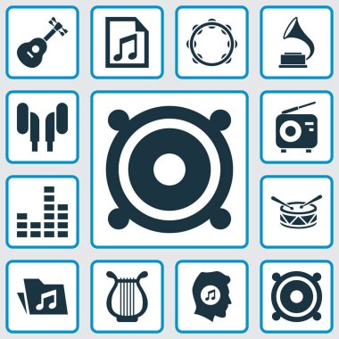 Müzik simgeler kümesi. Dosya, Timbrel, varil ve diğer öğeleri koleksiyonu. Ayrıca varil, radyo, gramofon gibi simgeler içerir.