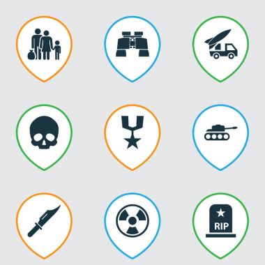 Savaş Icons Set. Mühimmat, tehlikeli topluluğu, düzeni ve diğer öğeleri. Ayrıca tehlike, Panzer, madalya gibi simgeler içerir.